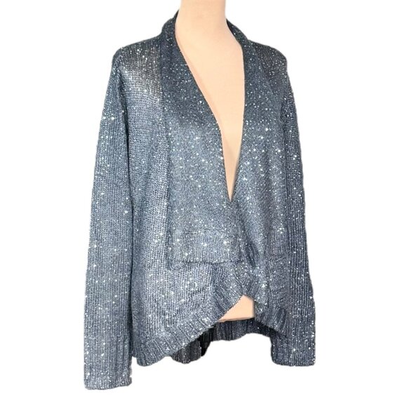NWT Sisters Sequin Open Front Mohair Cardigan Sz L Gray Evening Sweater Holiday - Picture 3 of 13